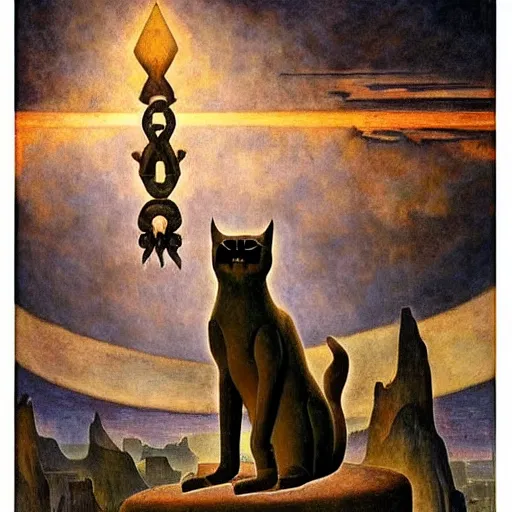 Image similar to masterpiece cat sculpture from an unknown lost civilization, by annie swynnerton and diego rivera and nicholas roerich and jean delville and charlie bowater, symbolist, dramatic lighting, god rays, art brut, rich colors, smooth sharp focus, extremely detailed, adolf wolfli and ( donato giancola and bilibin )