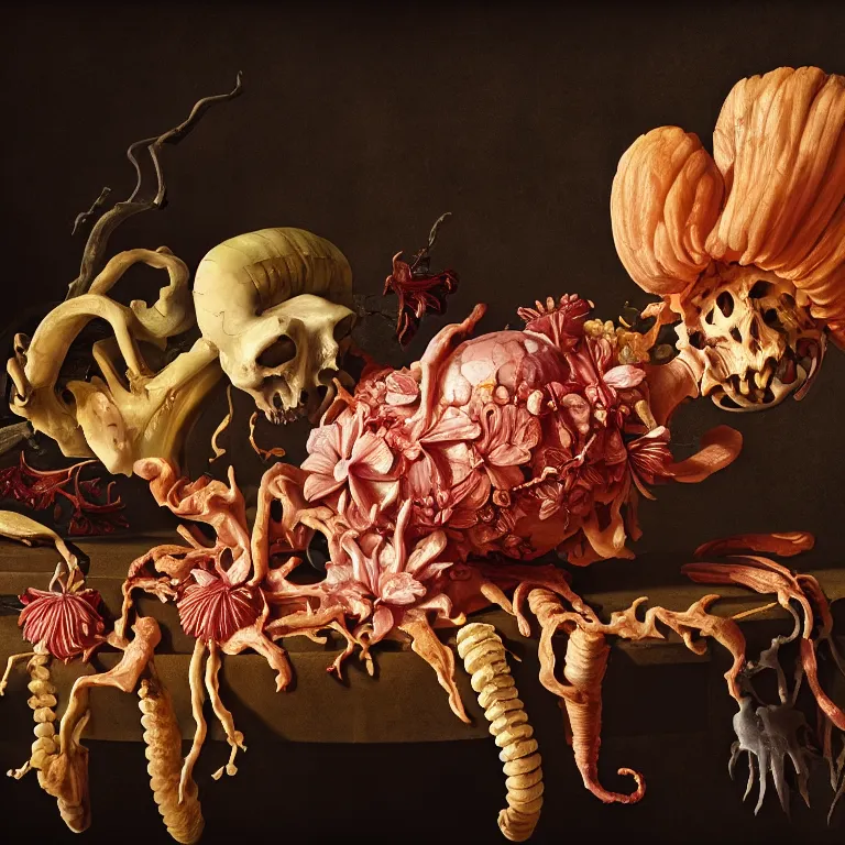 Prompt: still life of rotten flesh, beautiful tropical flowers, human spine, tropical fruit baroque painting, beautiful detailed intricate insanely detailed octane render, 8K artistic photography, photorealistic, chiaroscuro, Raphael, Caravaggio