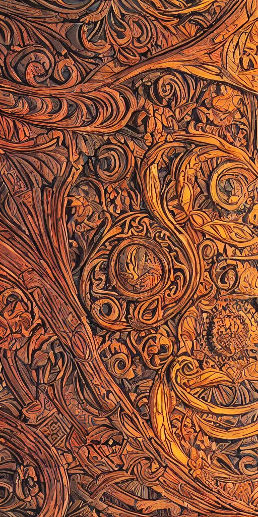 Prompt: intricate colorfully painted carved wood paneling, artificial intelligence mythology, artstation