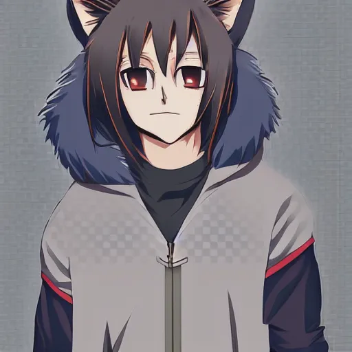 Image similar to modern anime portrait an anthro male wolf furry fursona in a casual outfit, handsome anime eyes, key anime visuals with anime environmental background