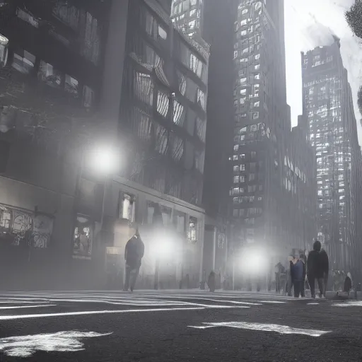 Image similar to ghost of New York, NYC sidewalk, city lights, spooky Halloween fun, trending on artstation, 8k, 4k, volumetric lighting, unity