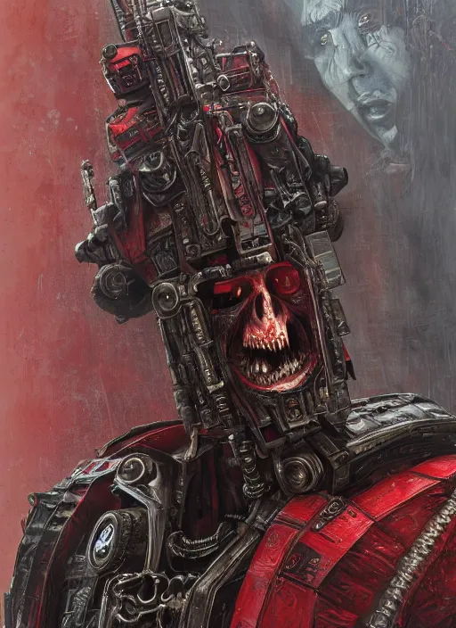 Image similar to portrait of rotten Nicolas Cage as adeptus mechanicus in red hood and robe from Warhammer 40000. Highly detailed, artstation, illustration by and John Blanche and zdislav beksinski and wayne barlowe