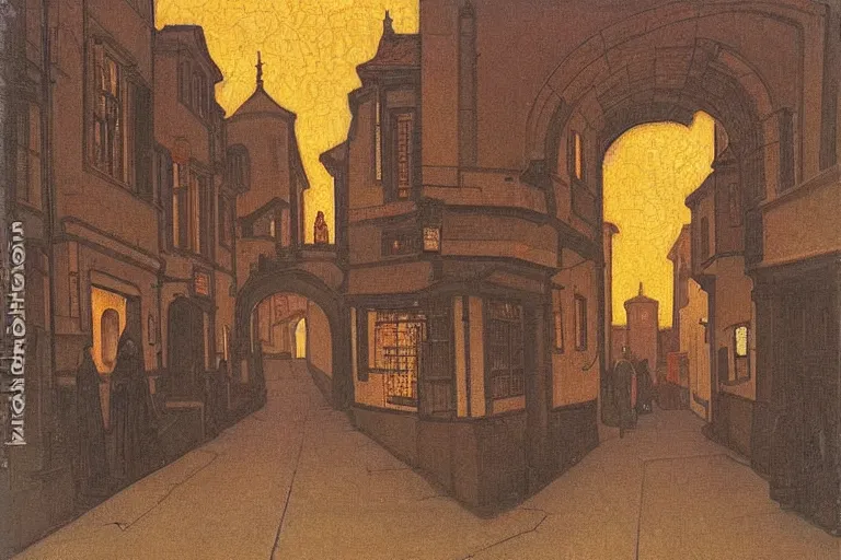 Image similar to winding street at twilight in a very old city by George Price Boyce and Nicholas Roerich and jean delville, glowing paper lanterns, strong dramatic cinematic lighting , ornate tiled architecture, lost civilizations, smooth, sharp focus, extremely detailed