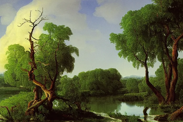 Prompt: painting of a old tree next to a meandering river by alexei savrasov and thomas cole