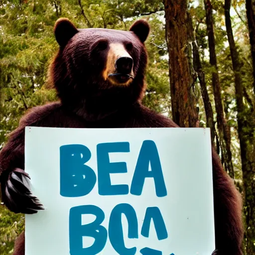 Image similar to ! bear! holding a sign that says bear, 5 0 mm lens, bokeh, good lighting