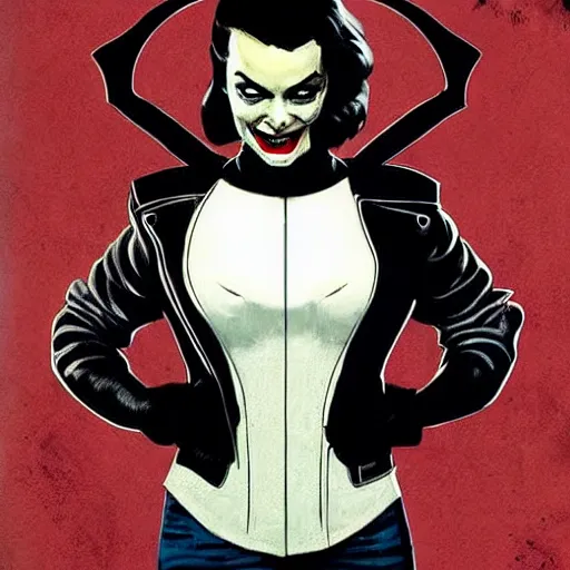 Image similar to Rafael Albuquerque art, Norman Rockwell, pretty Margot Robbie vampire, sharp teeth evil smile, holding handgun, symmetrical face symmetrical eyes, leather jacket, jeans, realistic hands