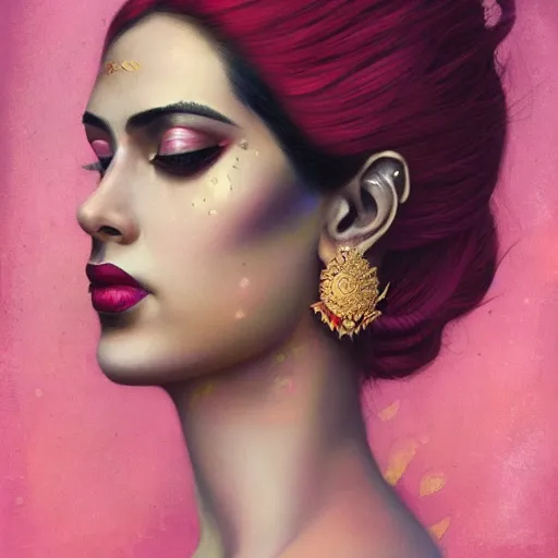 Image similar to side portrait of a beautiful Desi queen of tigers, pink and gold, by Anato Finnstark, Tom Bagshaw, Brom