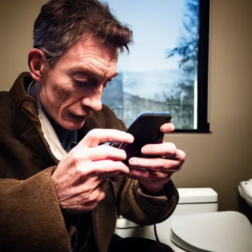 Prompt: magneto plays with his phone on the toilet. photojournalism, award winning, documentary, cover story