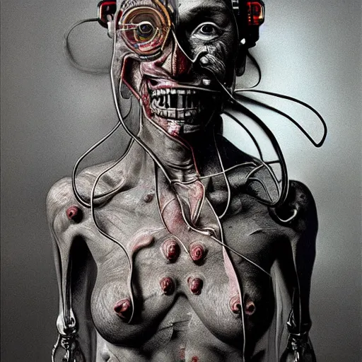 Prompt: the blasphemous caricature of the human body, cyborg, hyperealistic detailed photography, divinity, awful, religious art, cyberpunk