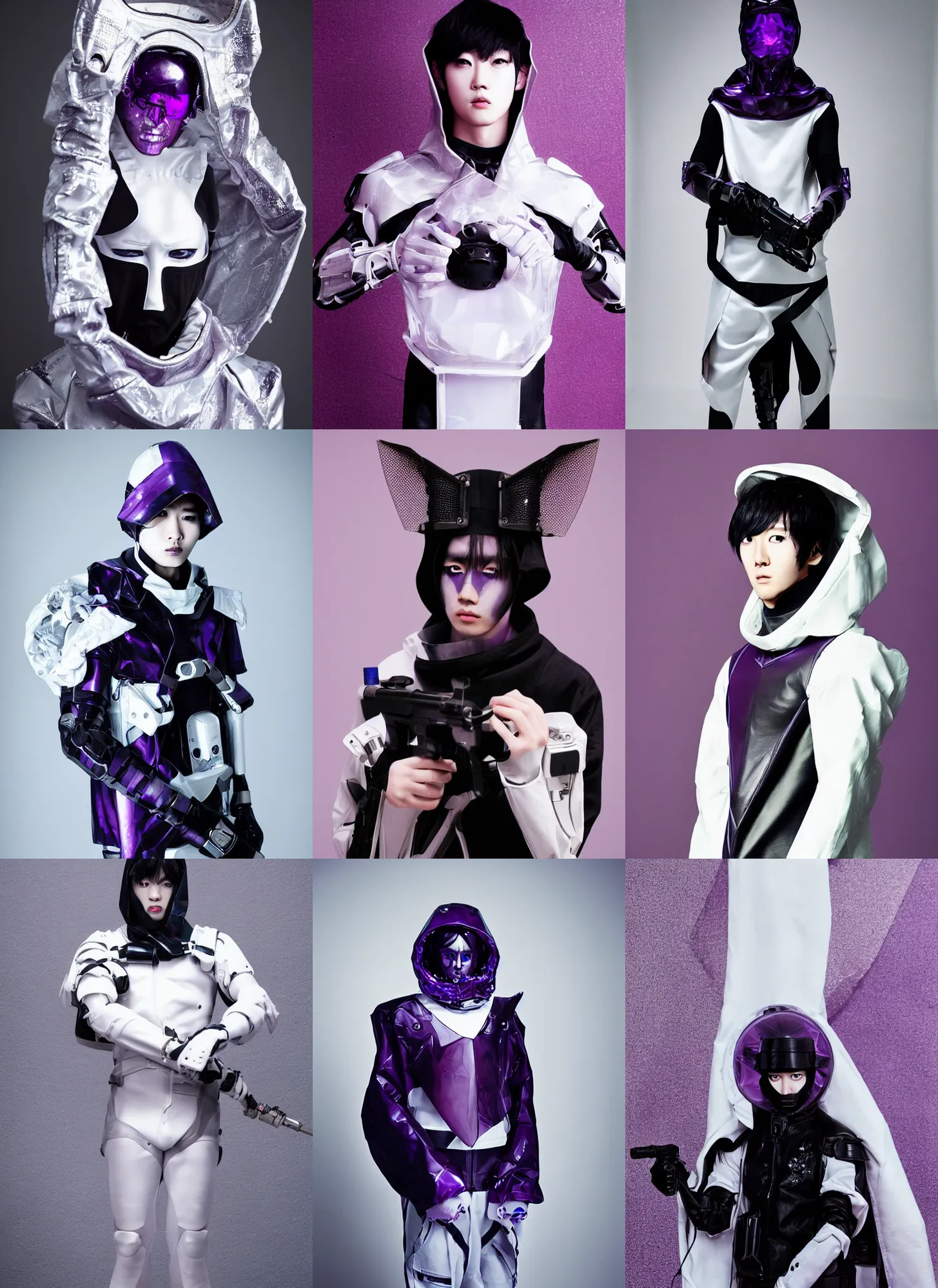 Prompt: male ulzzang with white sci - fi tactical gear, black makeup, purple transparent crystal cybernetic hood, full shot fashion photography, by irving penn and storm thorgerson, ren heng