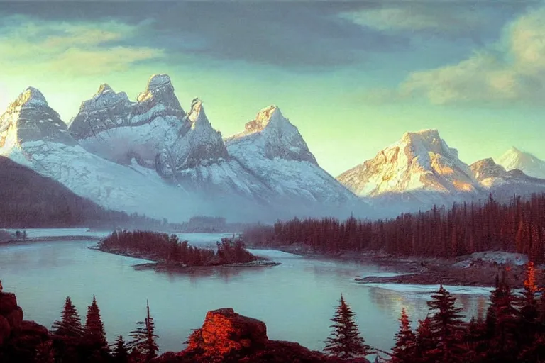 Prompt: an epic landscape painting of the three sisters mountains in canada, with snow on its peak, at sunrise in springtime, with the bow river in the foreground, painted by x, atmospheric, volumetric lighting, rolling fog, breathtaking, highly detailed, painted by ted nasmith