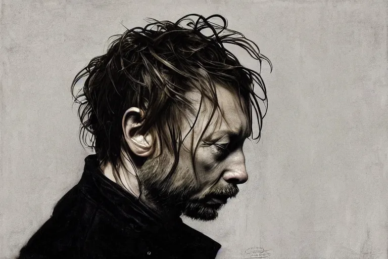 Image similar to hyper realistic portrait of thom yorke version singer songwriter ok computer, ( side ) profile, liminal space, by lee bermejo, alphonse mucha and greg rutkowski