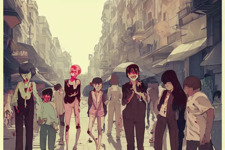 Image similar to a group of zombies hanging out in the streets of Buenos aires at night, muted colors, matte print, pastel colors, ornate, digital art, cute smile, digital painting, fan art, elegant, pixiv, by Ilya Kuvshinov, by Studio Ghibli