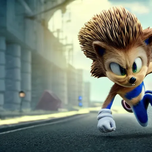 Image similar to hyperrealistic sonic the hedgehog running, stunning 3 d render inspired by istvan sandorfi & greg rutkowski & mike judge, perfect symmetry, dim volumetric cinematic lighting, 8 k octane comprehensive render, extremely mega hyper - detailed and lifelike attributes & atmosphere, intricate, realistic flesh texture, masterpiece, artstation, stunning,