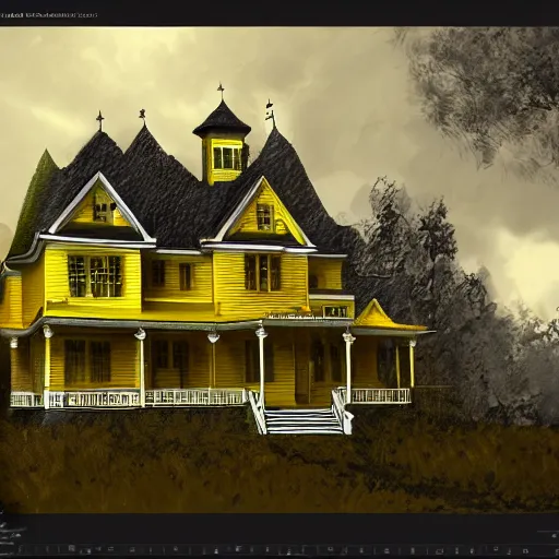 Image similar to a large yellow victorian house in the woods, detailed, blocking out the sun, moody, artstation