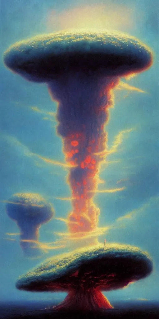 Image similar to A gigantic Mushroom Cloud from a colossal Atomic explosion in Mumbai, by Bruce Pennington, by Wayne Barlowe, by Greg Rutkowski, oil on canvas, masterpiece, detailed, dynamic, cinematic composition, beautiful lighting, view from ground, trending on artstation, top on pixiv, 8K, no frames,