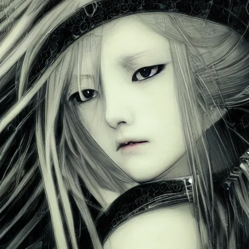 Image similar to yoshitaka amano blurred and dreamy illustration of an anime girl with pirate eye patch, wavy white hair and cracks on her face wearing elden ring armour with the cape fluttering in the wind, abstract black and white patterns on the background, noisy film grain effect, highly detailed, renaissance oil painting, weird portrait angle