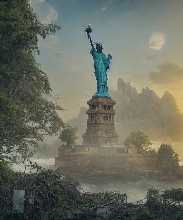 Prompt: highly detailed digital matte painting of an overgrown, abandoned, damaged Lady of Liberty, taken back by nature Full shot. By Raphael LaCoste and Ruan Jia and Robert McCall, postcyberpunk, geodesic dome, hyperdetailed, sunrise, wide shot, autochrome, octane render
