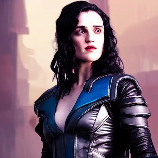 Prompt: Katie McGrath as Cyberpunk Morgana