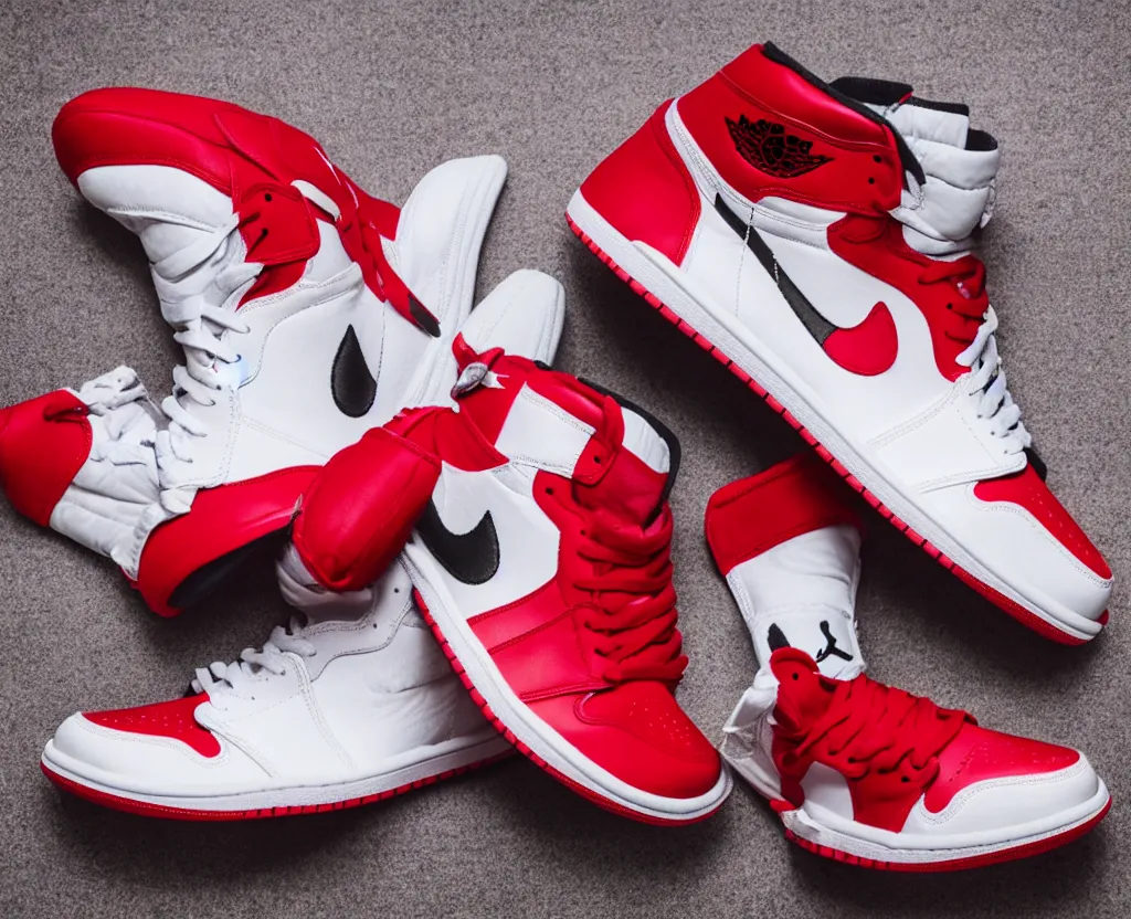 Image similar to a press photograph of nike air jordan 1 high red and white, size 1 0, white background