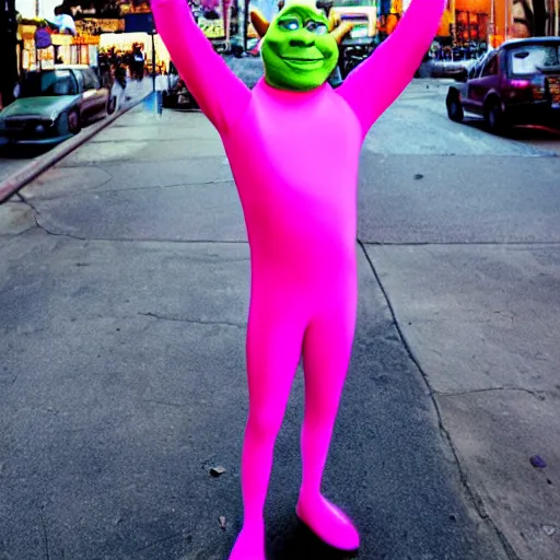 Prompt: Shrek in a Pink Morph Suit walking on the streets of L.A in the mid-2000s, photo taken in the 2000s, photograph, real, realistic, real life, in real life, hyperrealistic, cool, nostalgic, epic, detailed, very detailed, highly detailed, digital art, trending on artstation, in the style of Jamie Hewlett