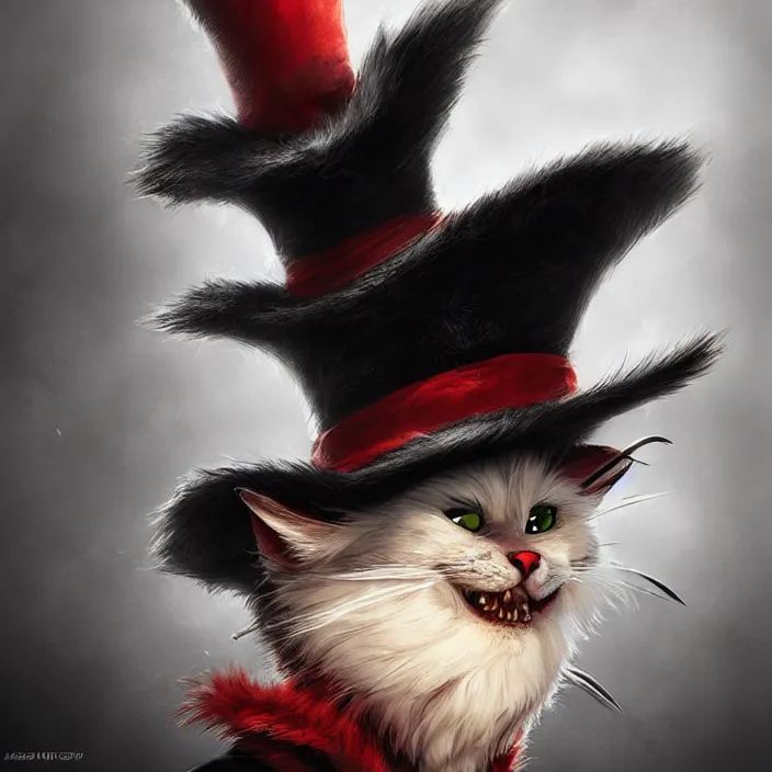 Prompt: complex 3 d render, hyper detailed, ultra sharp, vampire cat in the hat, scary, cute, cinematic, head and shoulders, steampunk, natural soft light, rim light, octane render, artstation, art by artgerm and greg rutkowski and alberto seveso, dr seuss