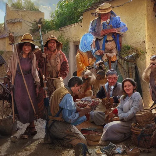 Image similar to an portrait of happy citizens living in an poor village, highly detailed, centered, digital painting, artstation, concept art, donato giancola, Joseph Christian Leyendecker, WLOP, Boris Vallejo, Breathtaking