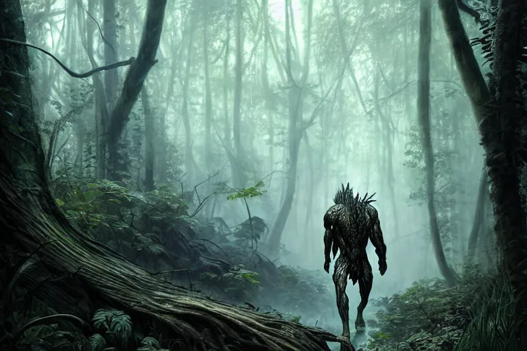 Image similar to ultra realistic, predator walking through dark forest, sci - fi, intricate details, eerie, highly detailed, octane render, 8 k, art by artgerm and alphonse mucha and greg rutkowski