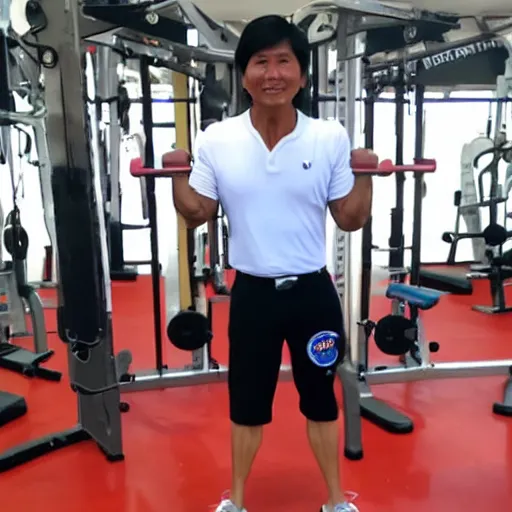 Image similar to A very muscular BongBong Marcos flexing in the gym