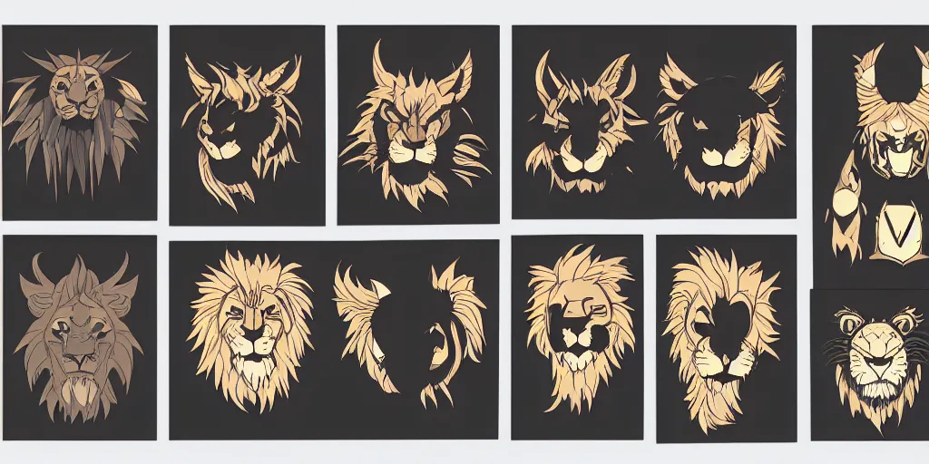 Prompt: game asset of unique lion heads on black background, organic, studio ghibli color palette, studio ghibli black inking, toon shading, 5 colors, solid colors, flat 2 d design, 2 d sprites, 8 k, close up