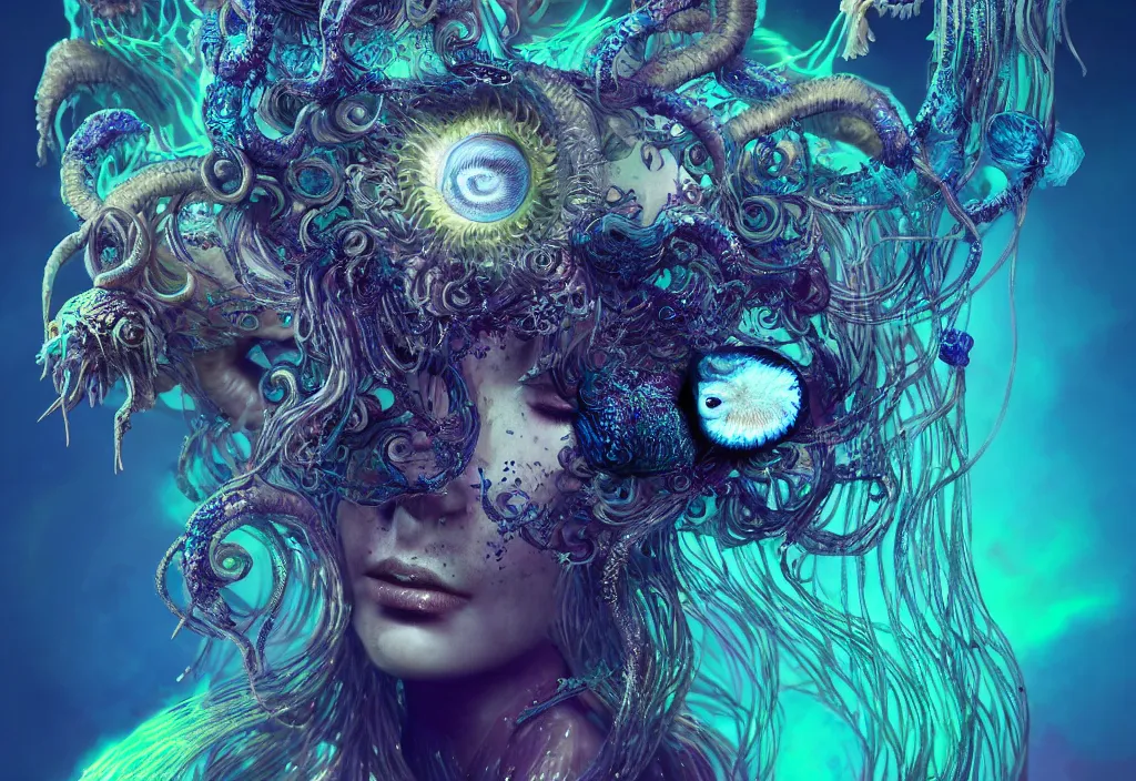 Image similar to isis goddess macro close - up portrait with crown made of ram skull + betta fish + jellyfish, bioluminiscent, plasma, wind, creature, super intricate ornaments artwork by tooth wu and wlop and beeple and greg rutkowski
