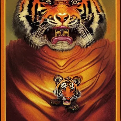 Image similar to head and shoulders portrait of a tiger rakshasa in a luxurious indian setting, d & d, fantasy, greg rutkowski, frank frazetta, alexandre chaudret, boris vallejo, michael whelan, miro petrov, hr giger, magali villeneuve, donato giancola