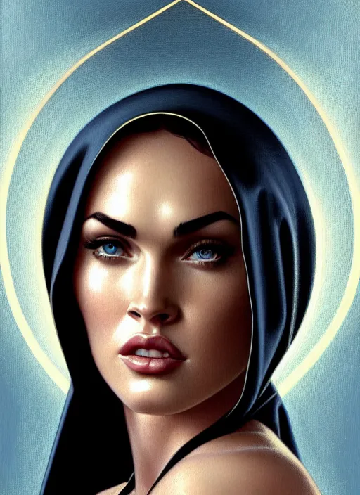 Prompt: portrait of megan fox as a hot and sultry nun, catholic, church, bible, christian, intrigante, headshot, highly detailed, digital painting, artstation, concept art, sharp focus, cinematic lighting, illustration, art by artgerm and greg rutkowski, alphonse mucha, cgsociety