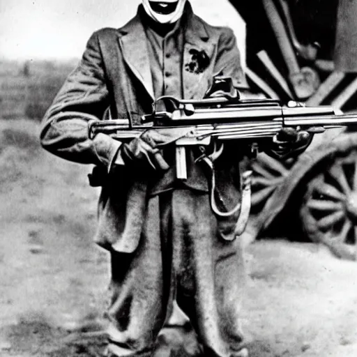 Image similar to old wartime photograph of the joker holding a lewis gun, 1 9 1 7