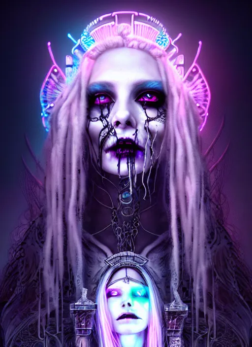 Prompt: goddess of death in a graveyard, white dreadlocks, decaying face, cyber neon lighting, retro futurism, intricate futuristic led lit jewelry, digital painting, realism, extreme detail, cinematic, trending on artstation, by hans zatzka