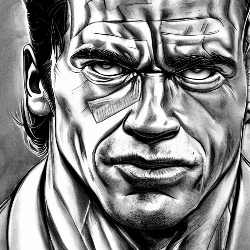 Image similar to portrait arnold schwarzenegger by yusuke murata and masakazu katsura, artstation, highly - detailed, cgsociety, pencile and ink, city in the background, dark colors, intricate details h 7 0 4