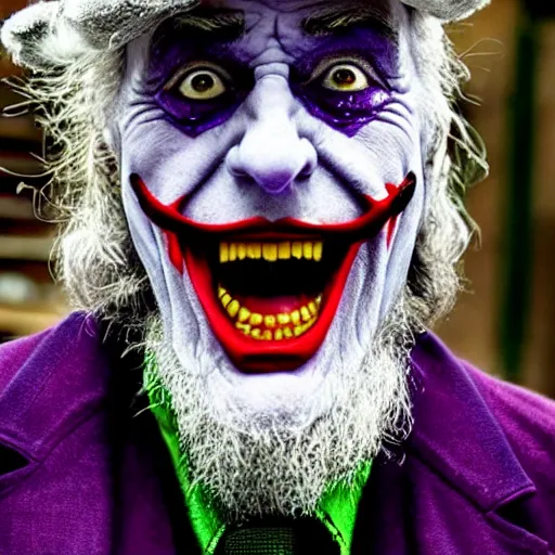 Prompt: the joker as an old druid wizard, bald, bushy grey eyebrows, long grey hair, disheveled, wise old man, wearing a grey wizard hat, wearing a purple detailed coat, a bushy grey beard, sorcerer, he is a mad old man, laughing and yelling