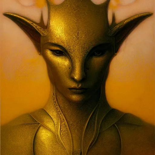 Image similar to portrait of ethereal young dragon princess in golden armour by Beksinski