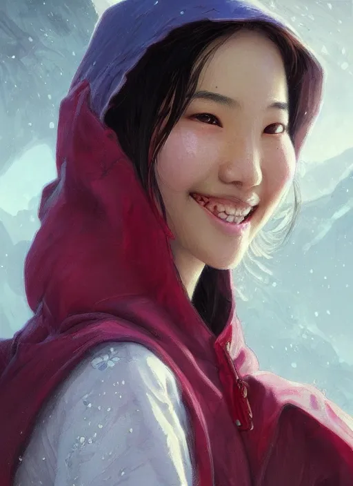 Prompt: Close-up portrait of smiling young asian woman wearing hood, portrait, highly detailed, digital painting, artstation, concept art, sharp focus, illustration, art by artgerm and greg rutkowski and alphonse mucha