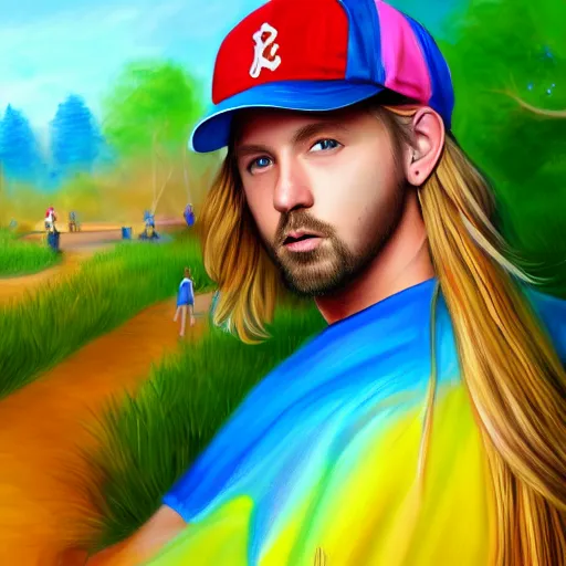 Image similar to colorful painting of a man with long blond hair with a colorful baseball cap for kids, matte painting, trending on art station, ultra - detailed, hq
