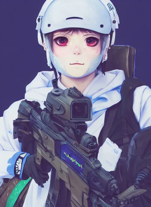 Prompt: a paintball sport player girl, softair center landscape, illustration, concept art, anime key visual, trending pixiv fanbox, by wlop and greg rutkowski and makoto shinkai and studio ghibli and kyoto animation, psp world cup, symmetrical facial features, short hair, white urban pop clothes, blue lens airsoft mask, blue airsoft pistol, realistic anatomy