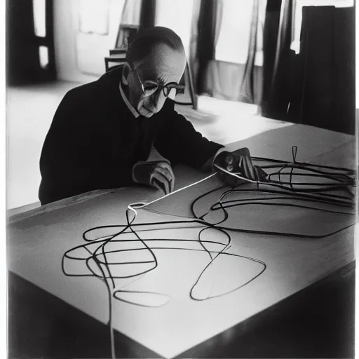 Image similar to a long exposure shot of Marcel Duchamp working on a readymade object, archival pigment print