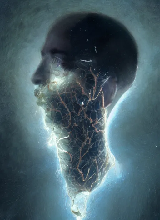 Prompt: bust, technology vs nature, split in half, falling out of the face, the truly amazing part about this is that it increasingly appears our cortical evolution reflects this emergent tension, photorealistic portrait by michael komarck, greg rutkowski, victo ngai, artgerm, willem claesz heda and j. dickenson