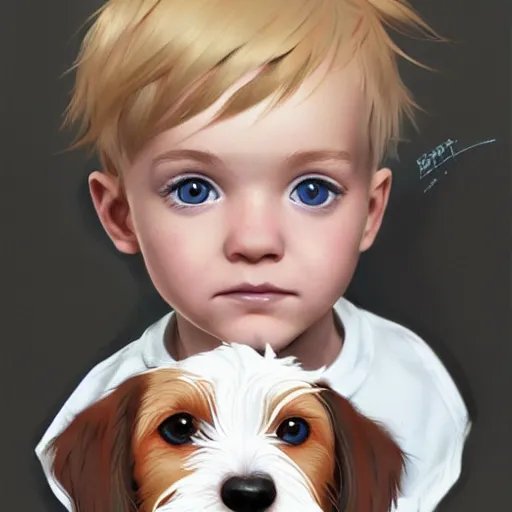 Prompt: a three year old boy with short blonde hair and blue eyes sitting with a very cute wire haired jack russell terrier puppy, white with brown patches over both eyes. detailed, high quality painting by artgerm and greg rutkowski and ilya kuvshinov