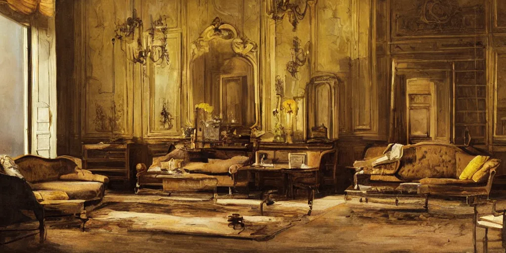 Prompt: brown cat with yellow eyes is sitting at sofa in a draw room at paris in early 2 0 th century. big room, high ceiling, high windows, atmospheric feeling, warm colours, brown colours, yellow colours, epic scene, cinematic, very detailed, hyperrealistic painting style