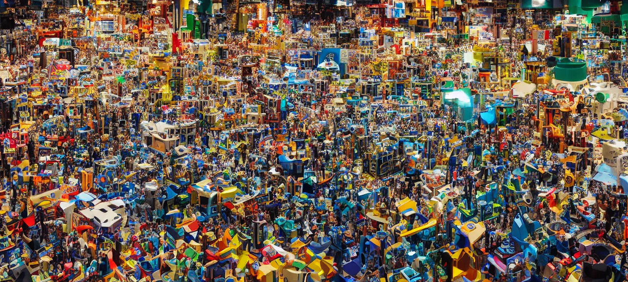 Prompt: Journalistic photography from huge exhibition room with thousands of different detail crafted secret gadgets toys and conundrums and puzzles,details, realistic colorful photography