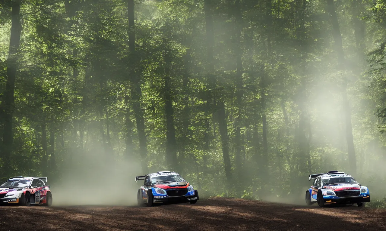 Image similar to 3 rally cars racing through a forest misty , sun shining through the trees, motion blur high detail ultra realistic 8k,