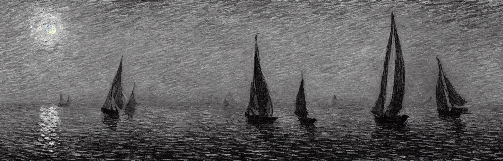 Image similar to An aesthetically pleasing, dynamic, energetic, lively, well-designed digital art of a sailboat on the ocean at night in a low mist, light and shadow, chiaroscuro, by Claude Monet and Vincent Van Gogh, superior quality, masterpiece, excellent use of negative space. 8K, superior detail.