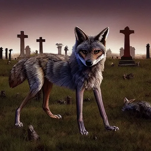 Image similar to “ skinwalkers shapeshifting into coyotes in graveyard cemetery, hyperrealistic ”