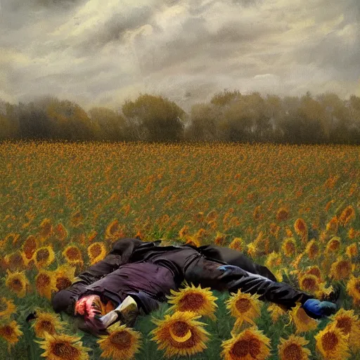 Image similar to a stunning and moody painting of many dead russian soldiers lying in blood amid a field of sunflowers as painted by francis bacon, artstation, concept art, impressionism, hyperdetailed